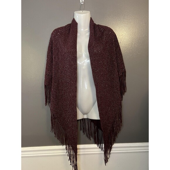 David and Young Poncho Womens One Size Burgundy Metallic Knit Fringe Ruana Wrap - Picture 1 of 9
